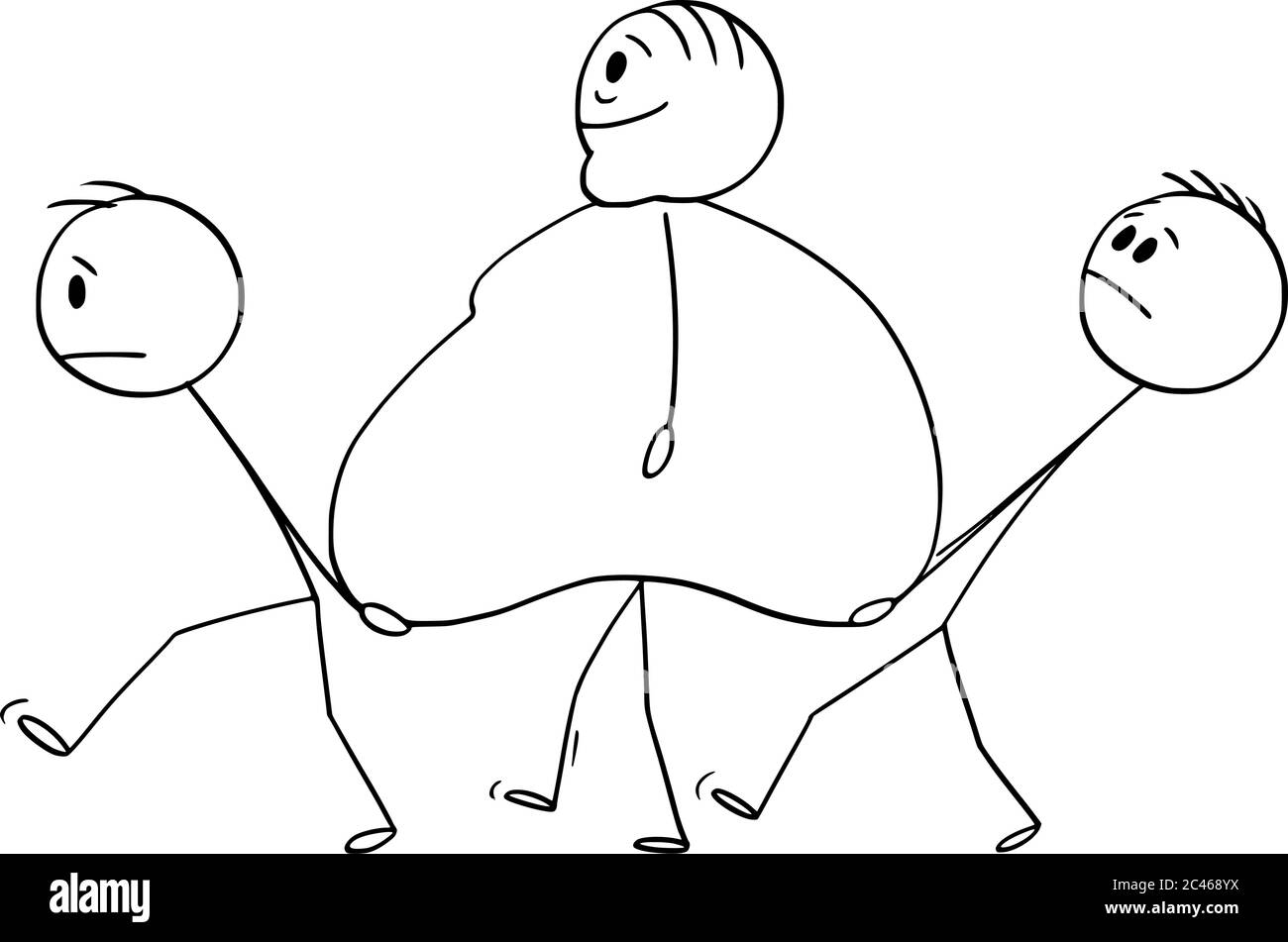Vektor Cartoon Stick Figur Zeichnung konzeptionelle Illustration von übergewichtigen, übergewichtigen oder fettreichen Mann zu Fuß mit zwei Männern trägt seinen Bauch. Stock Vektor