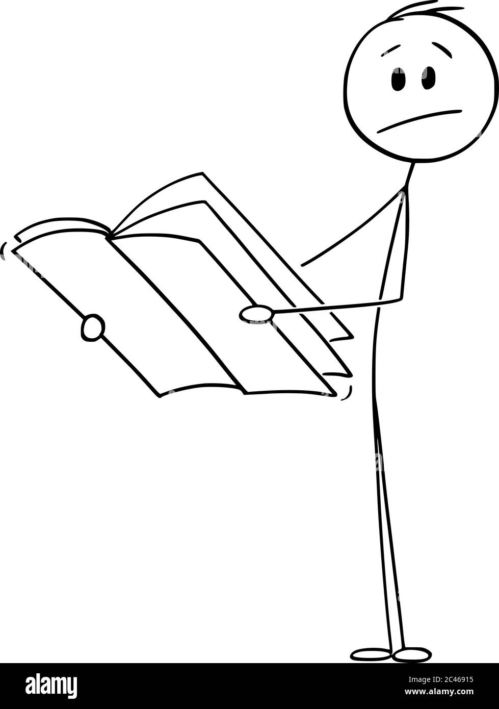 Vektor Cartoon Stick Figur Zeichnung konzeptionelle Illustration von verwirrt oder schockiert Mann Lesemagazin, Zeitschrift oder Zeitungen. Stock Vektor