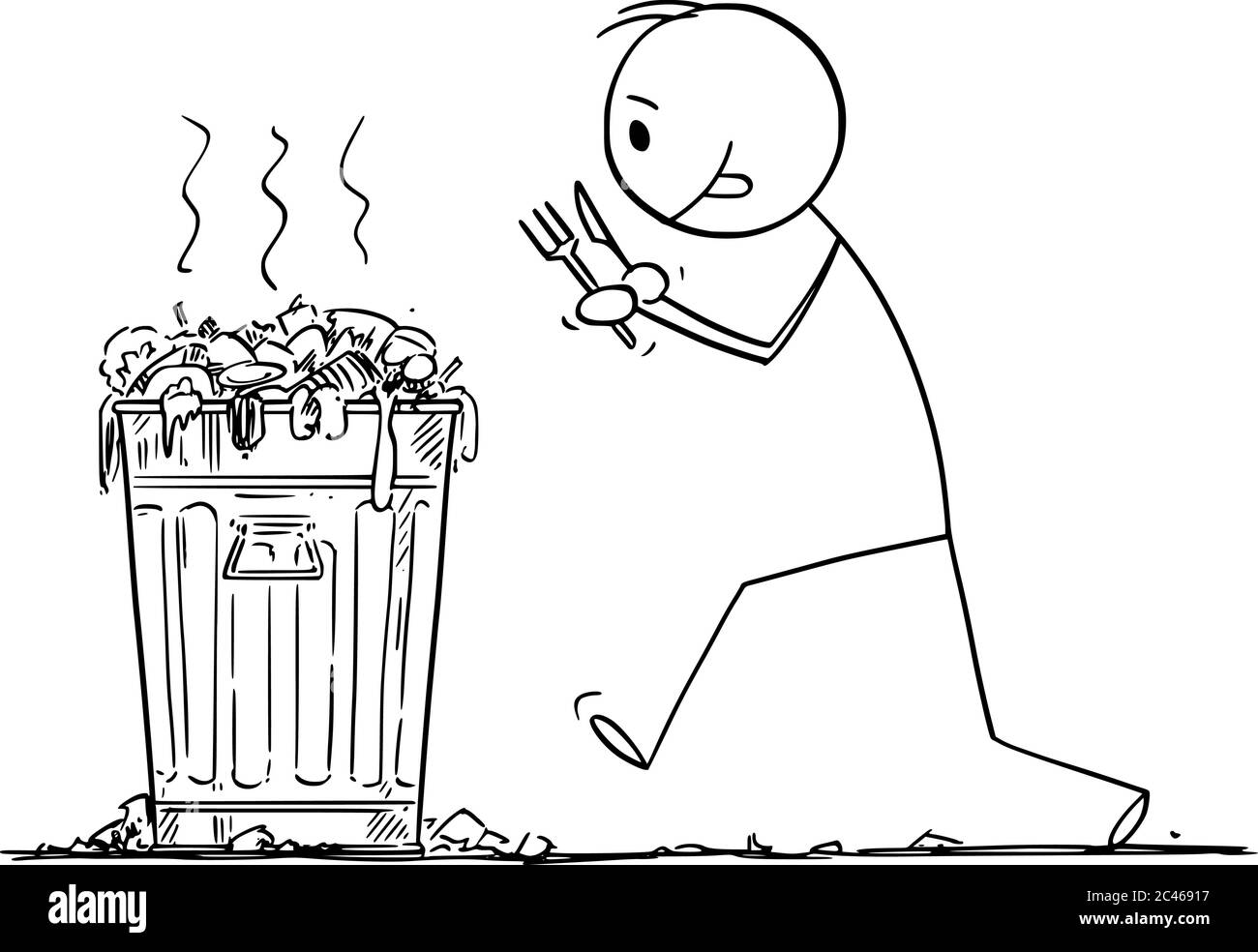 Vektor Cartoon Stick Figur Zeichnung konzeptionelle Illustration von hungrigen Mann mit Gabel und Messer wird Junk-Food aus Mülltonne essen. Stock Vektor