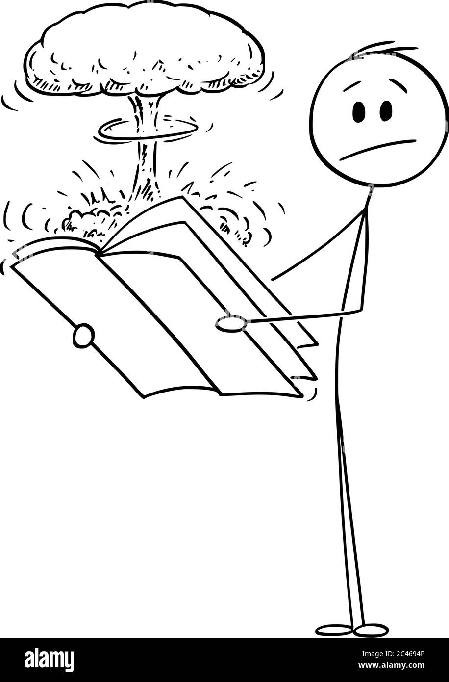 Vektor Cartoon Stick Figur Zeichnung konzeptionelle Illustration schockiert Mann lesen überraschende explosive Informationen oder Nachrichten in Magazin, Journal oder Zeitungen. Stock Vektor