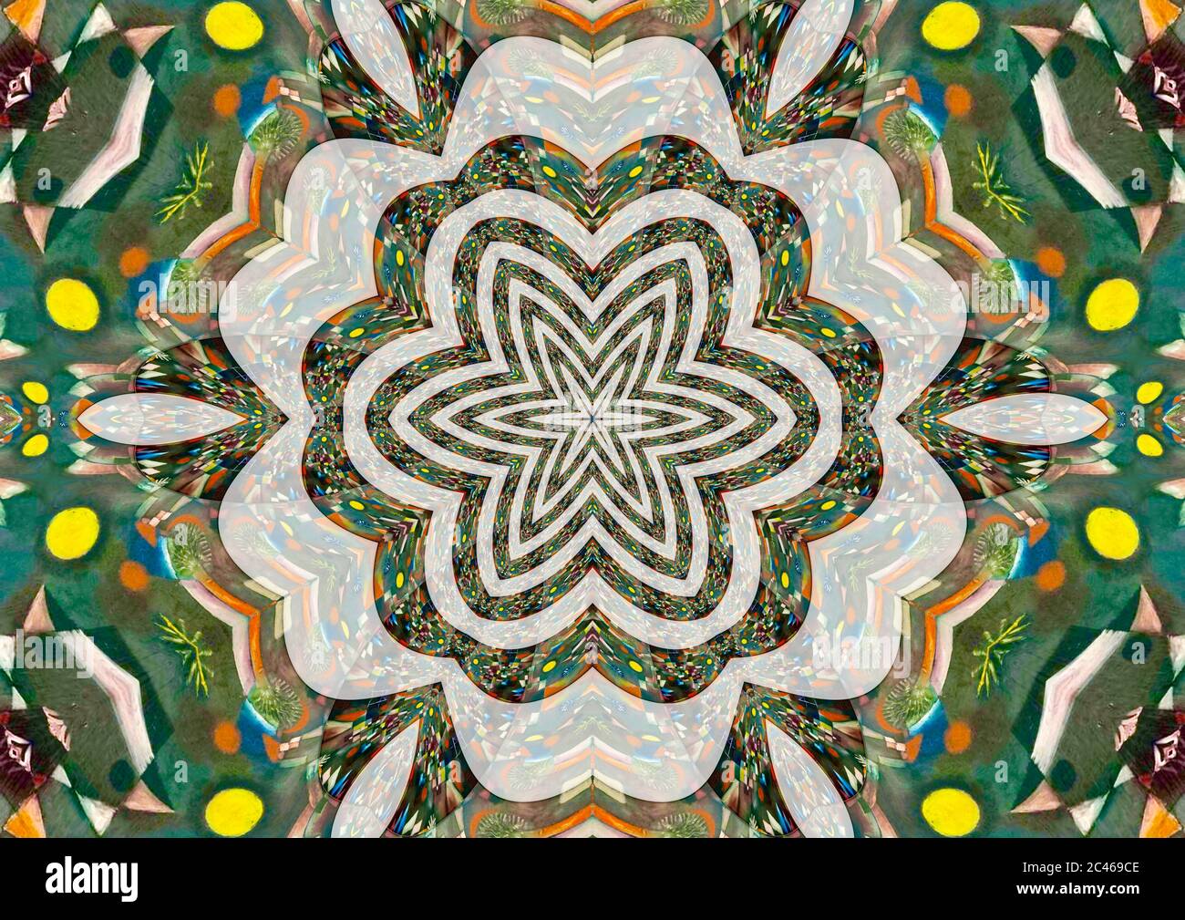 Mandala aus den Farben des Kunstwerks Vollmond des schweizerischen deutschen Künstlers Paul Klee. Stockfoto