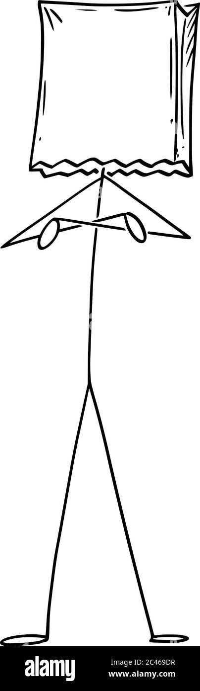 Vektor Cartoon Stick Figur Zeichnung konzeptionelle Illustration des Mannes oder Geschäftsmann stehen mit gekreuzten Armen und Papiertüte auf dem Kopf. Er ist vor Problemen verborgen. Stock Vektor