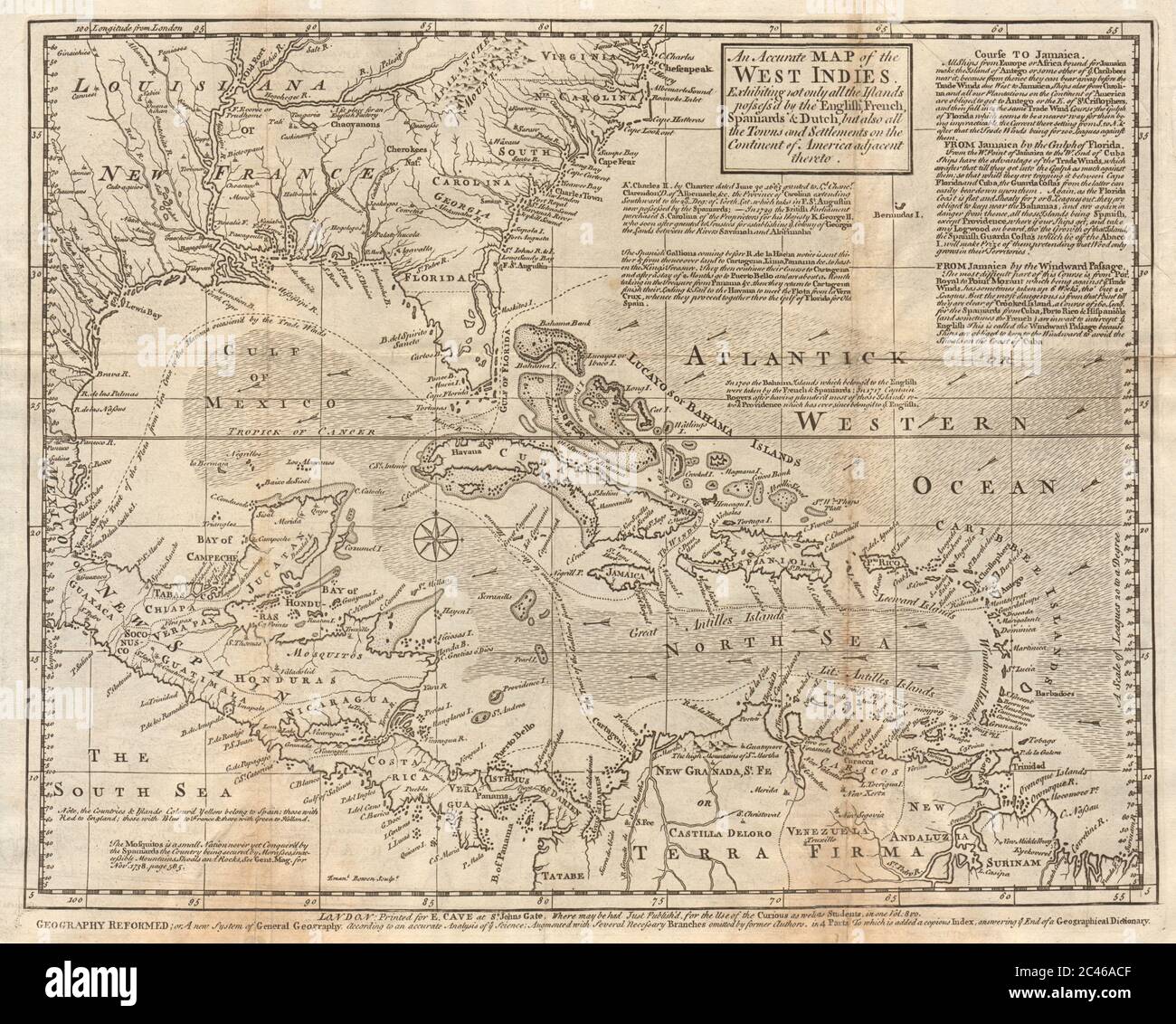 Eine genaue Karte der Westindischen… Und Kontinent Amerika. BOWEN 1740 alt Stockfoto