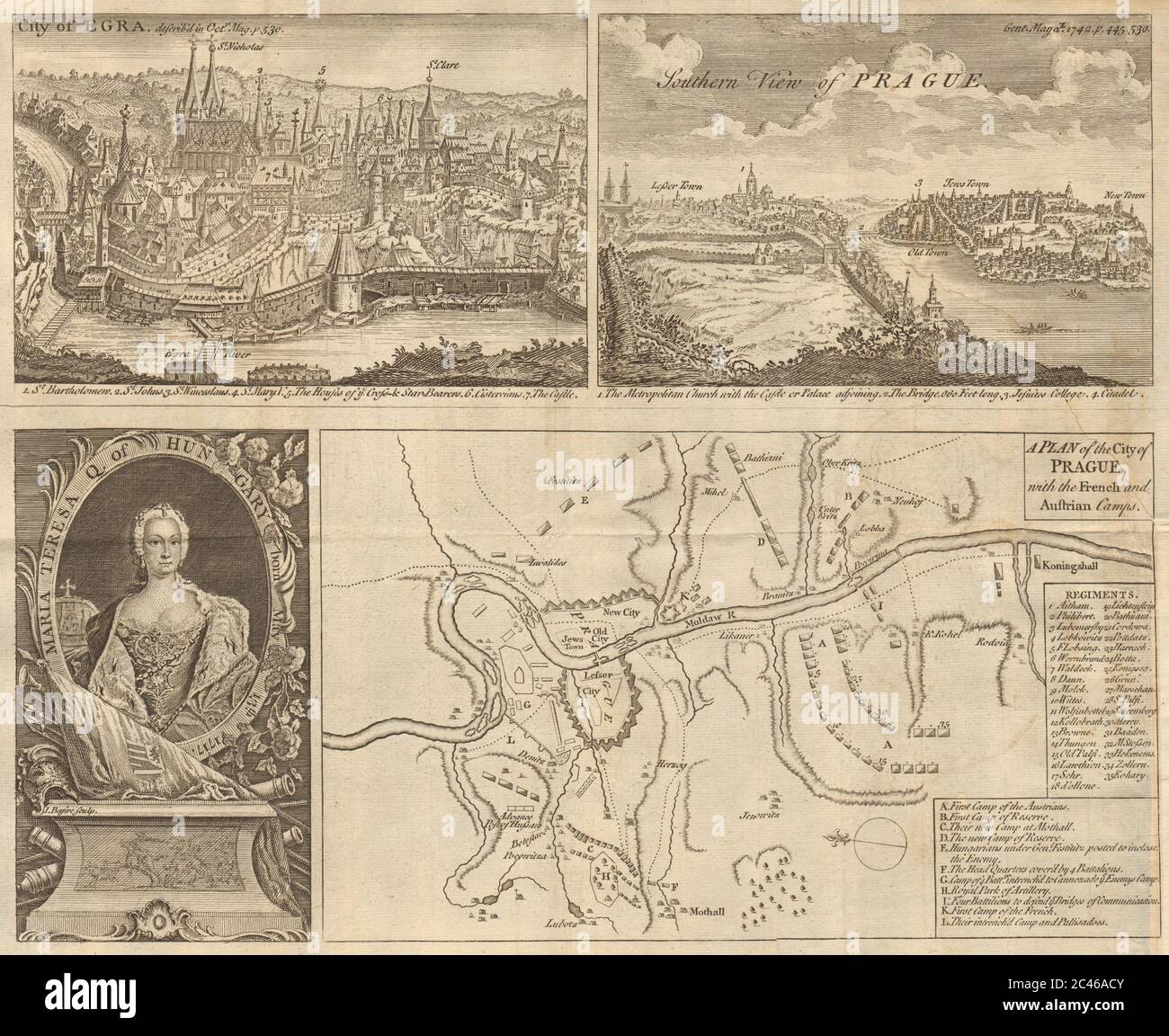 Belagerung von Prag 1742. Stadt Egra (Cheb). Maria Teresa. GENTS mag 1742-Karte Stockfoto