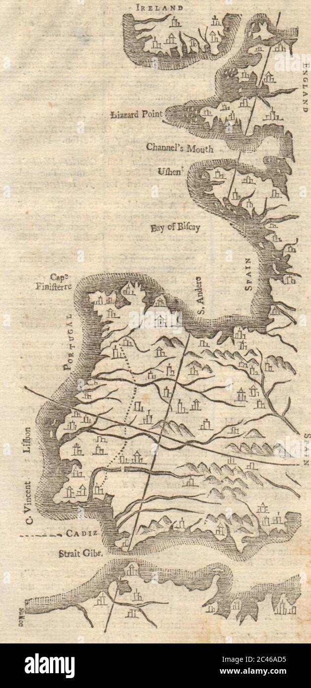 Westküste von Westeuropa. Frankreich England Portugal Irland Spanien. GENTS mag 1739-Karte Stockfoto