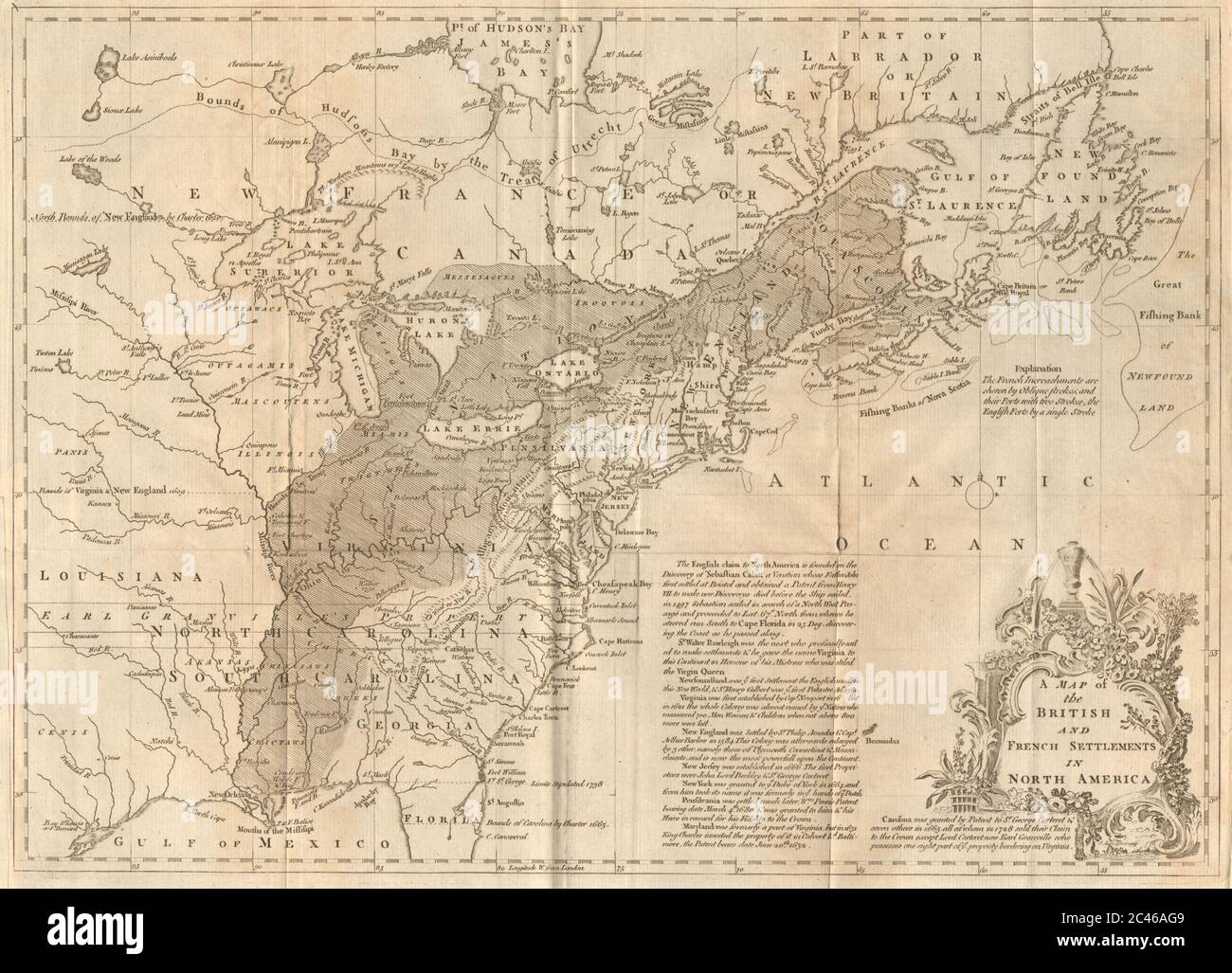 Eine Karte der britischen und französischen Siedlungen in Nordamerika. LODGE 1755 Stockfoto