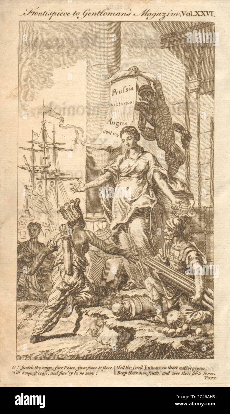 Gentlemans Magazine Vol. 26 frontis. Preußen siegt. Angria zerstörte 1756 Stockfoto