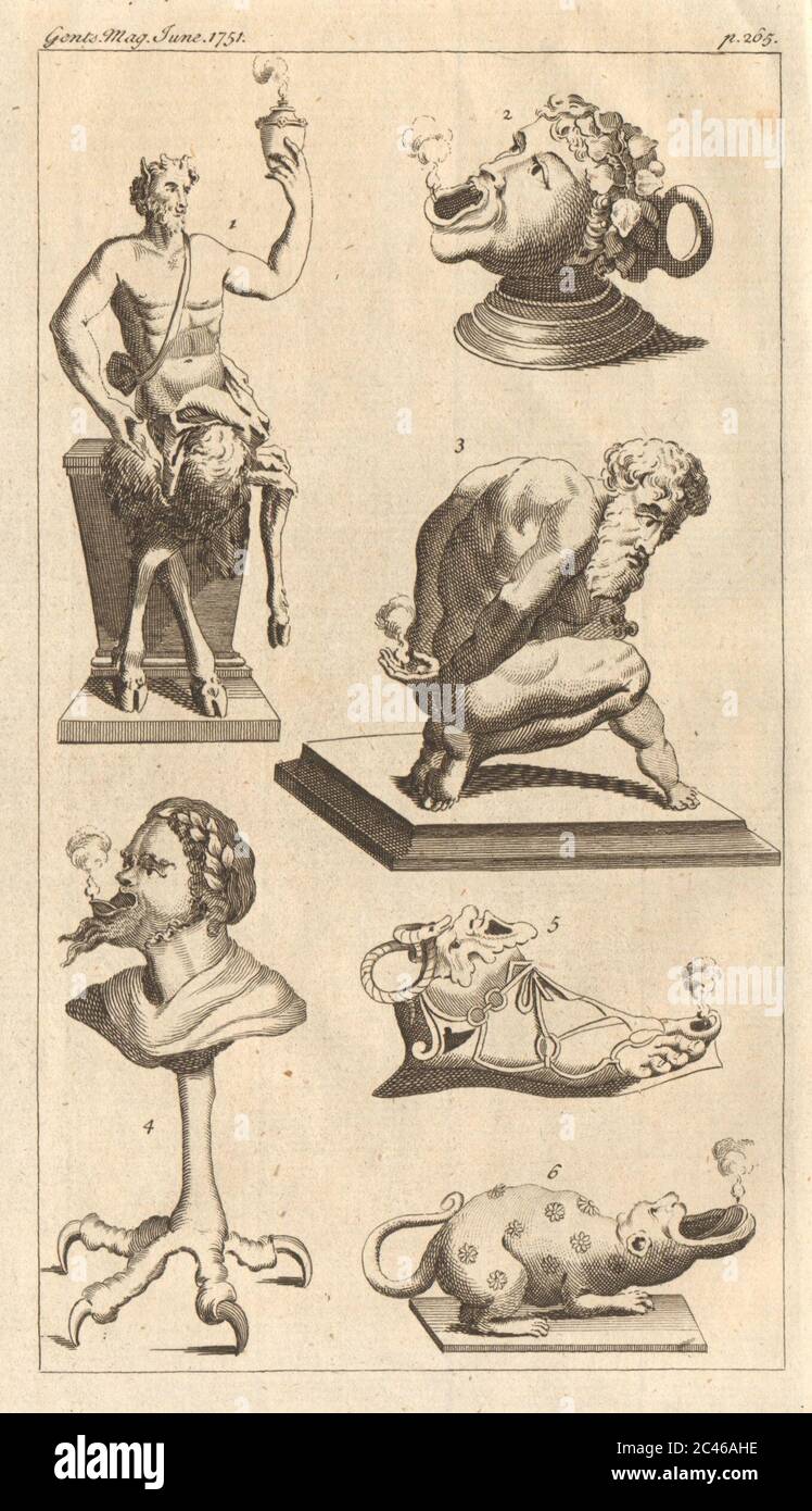 Sechs römische Öllampen 1751 alte antike Vintage Druckbild Stockfoto