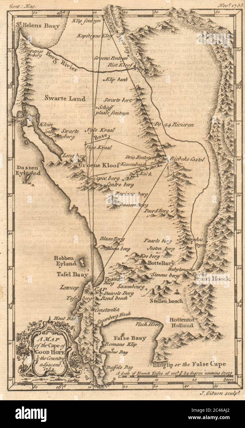 Das Kap der Guten Hoffnung & Land angrenzend 1752. Südafrika. GIBSON 1755-Karte Stockfoto