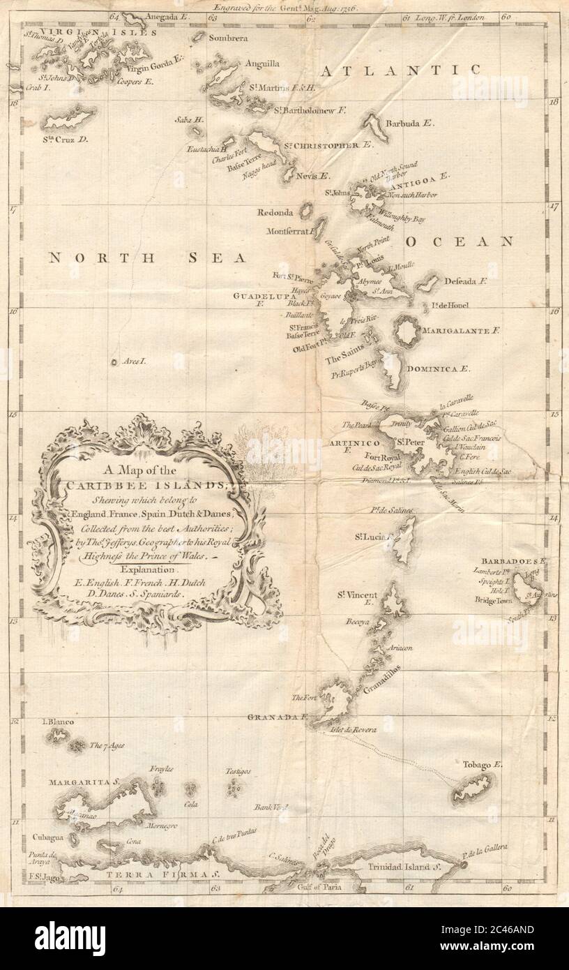 Eine Karte der Caribee-Inseln. Karibische Antillen Westindien. JEFFERYS 1756 Stockfoto