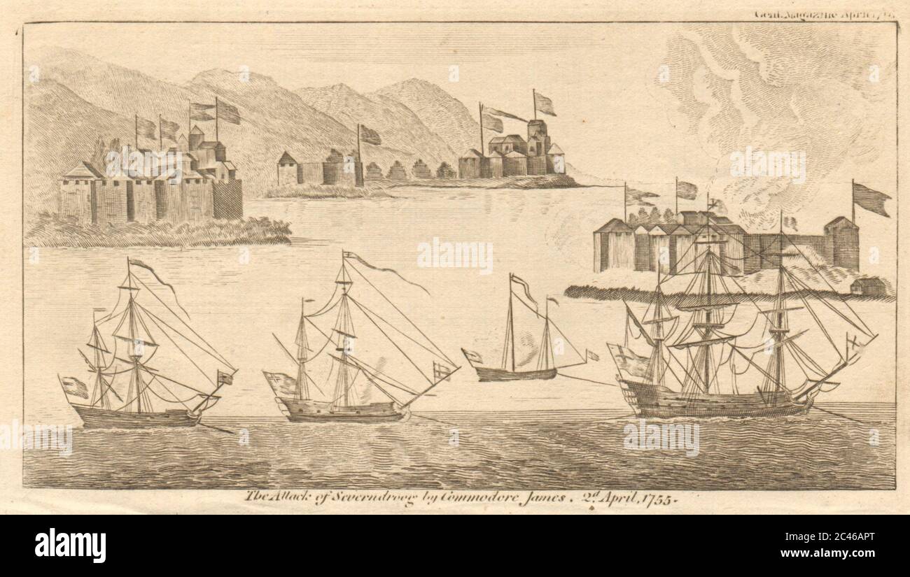 Angriff auf Severndroog durch Commodore James, 1755. Suvarnadurg, Maharashtra 1761 Stockfoto