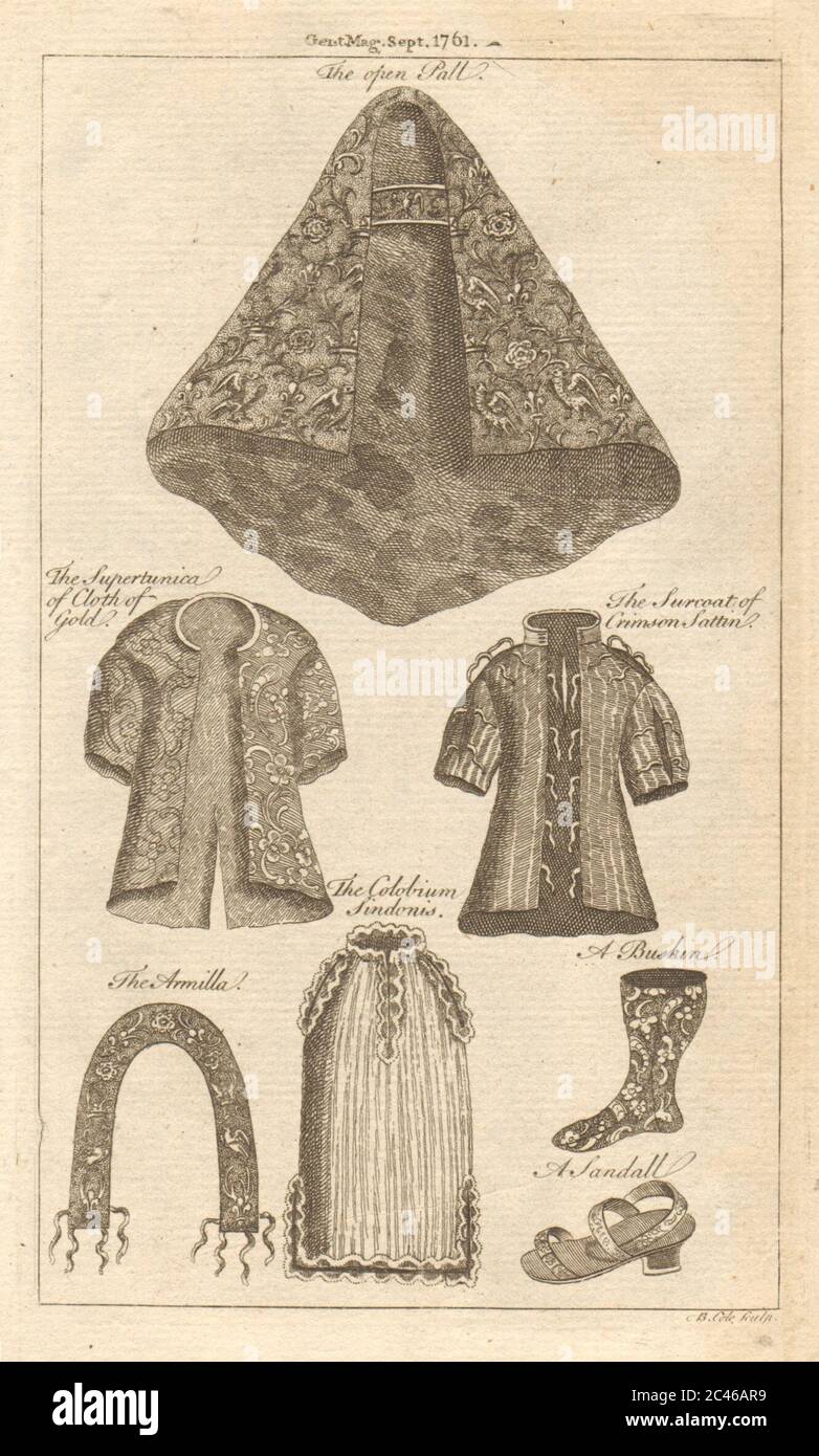 Kleid der britischen Monarchen zur Krönung. Öffnen Sie Pall. Supertunica. Satin-Mantel 1761 Stockfoto