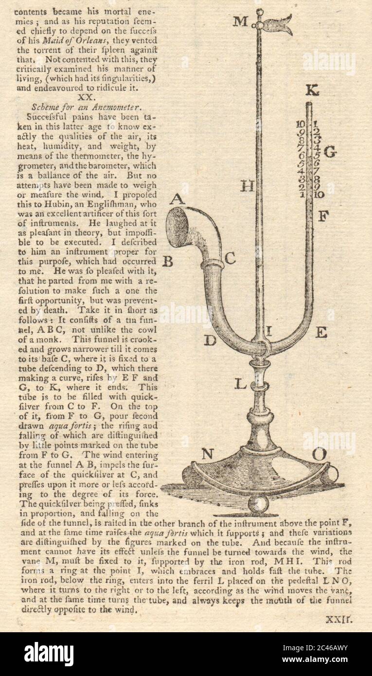 Ein Anemometer. Zur Messung der windgeschwindigkeit 1768 alte antike Vintage Print Bild Stockfoto