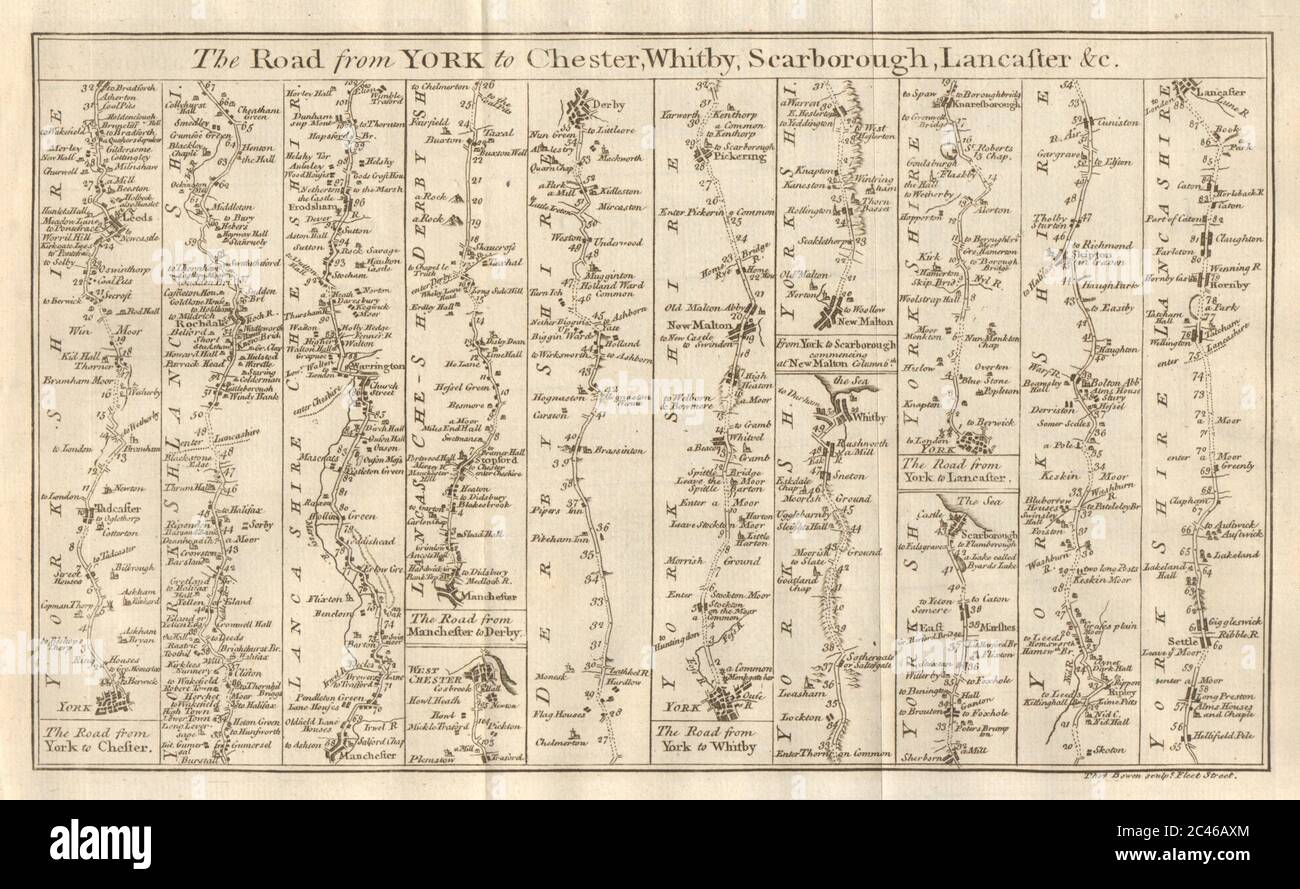Karte der Straßen von York nach Chester, Whitby, Scarborough & Lancaster. BOWEN 1775 Stockfoto