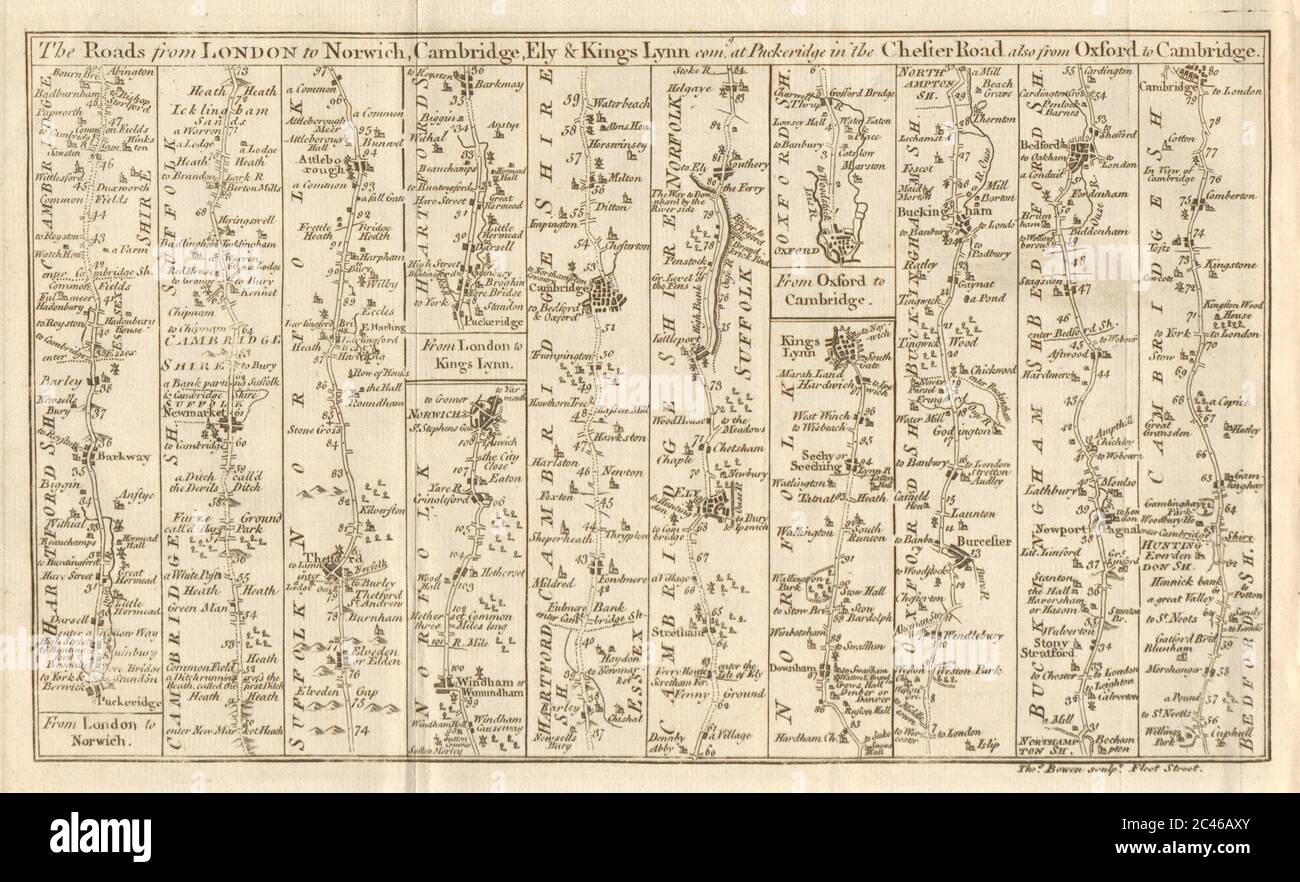 Puckeridge Norwich Cambridge Ely Kings Lynn Oxford Road Strip map BOWEN 1775 Stockfoto