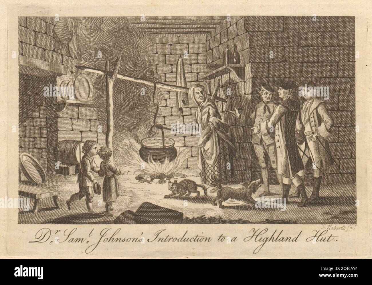 Dr. Samuel Johnsons Einführung in eine Hochlandhütte. Schottland 1775 alter Druck Stockfoto