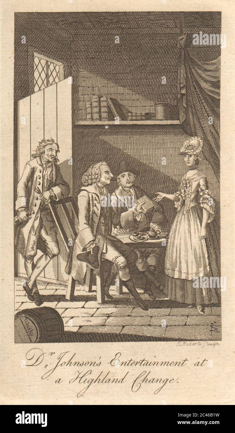 Dr. Johnsons Unterhaltung in einem Highland Change oder Pub. Schottland 1776 Druck Stockfoto