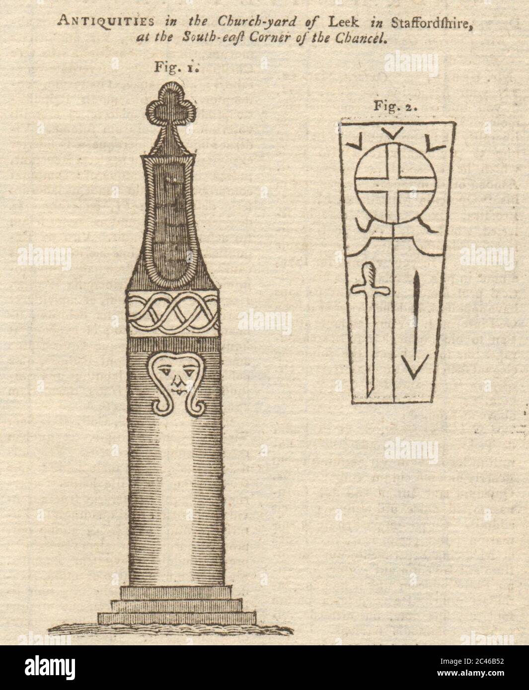 Anglo-Norse Cross at St Edward’s Church, Leek, Staffordshire 1780 alte Druckschrift Stockfoto