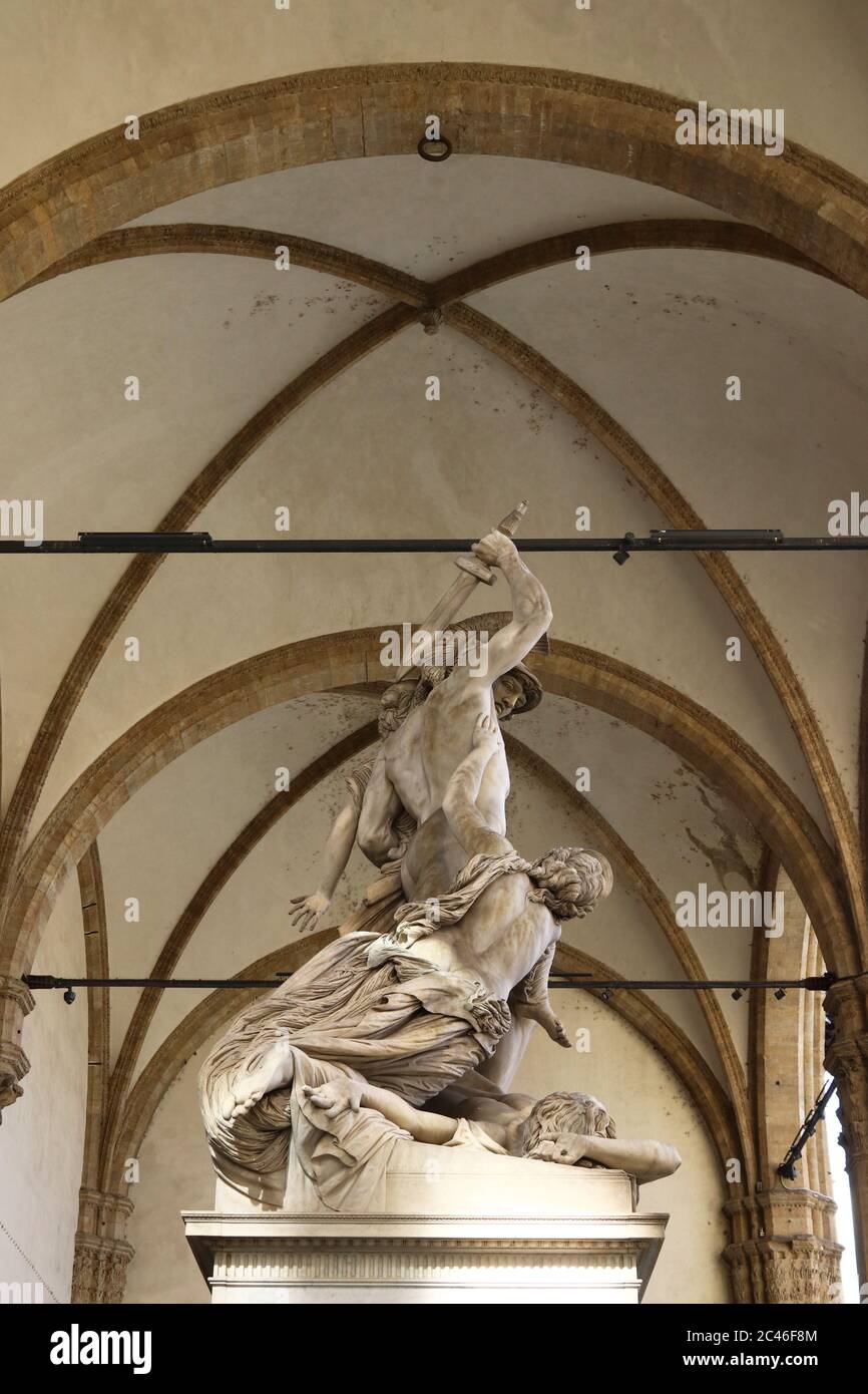 Loggia Lanzi Detail, Piazza Signoria, Florenz, Toskana, Italien, touristischer Ort, Statue Polissena Stockfoto