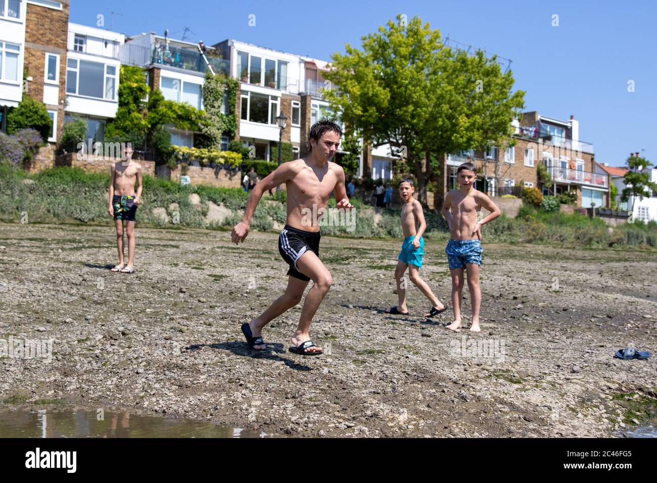 UK Wetter: London, UK. Juni 2020. Heißer, sonniger Nachmittag in Chiswick. Eine Gruppe von Jungen kühlen sich ab, indem sie in die Themse springen. Kredit: Liam Asman/Alamy Live Nachrichten Stockfoto