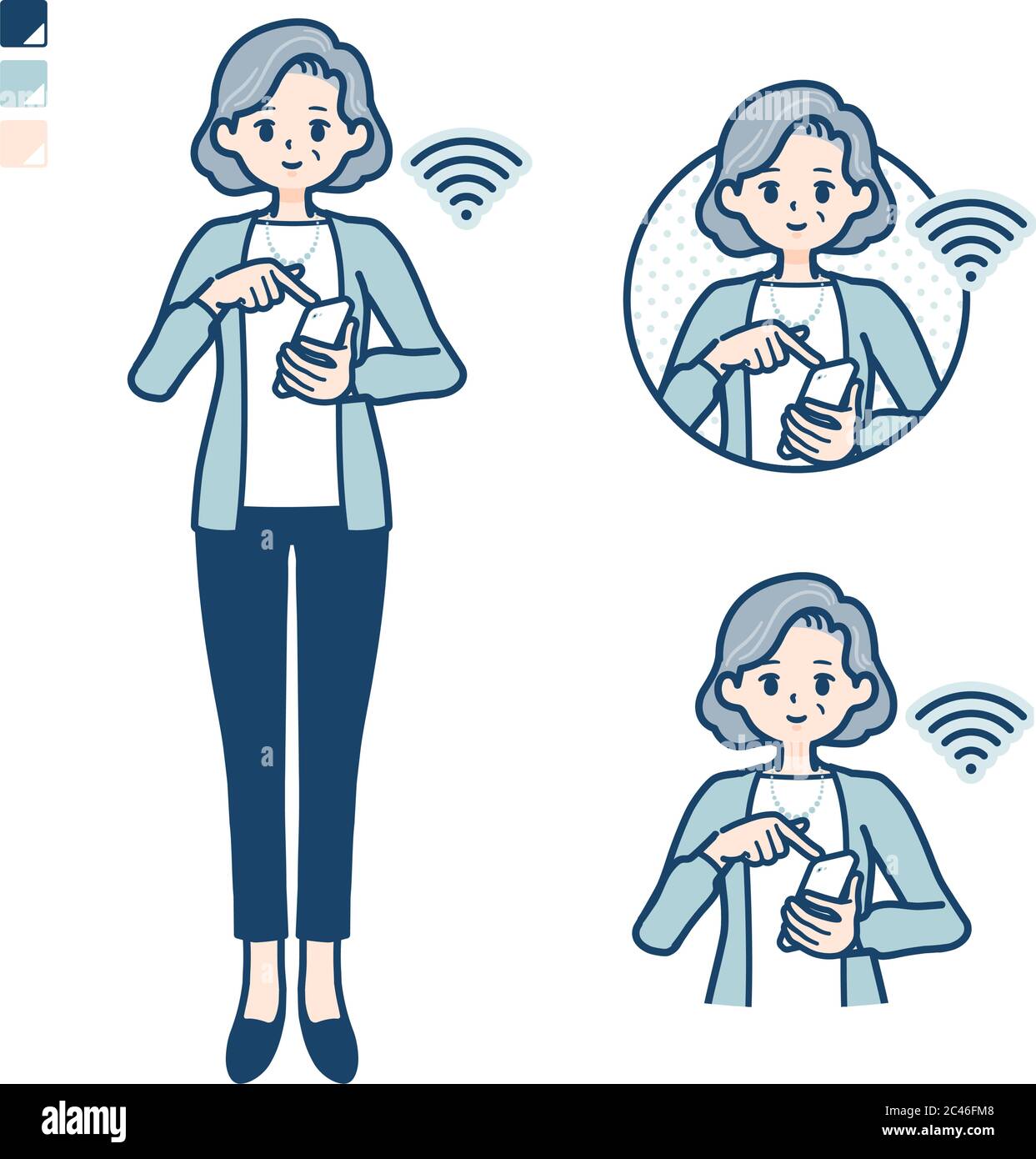 Ältere Frau in einem Anzug mit Bedienung Smartphone-Bilder. Es ist Vektorgrafik, so dass es einfach zu bearbeiten ist. Stock Vektor