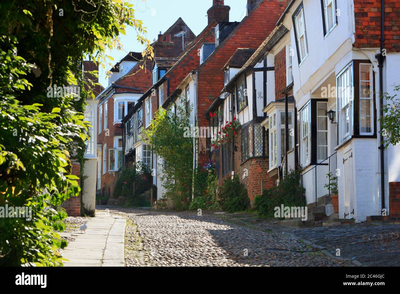 Alte Häuser und gepflasterte Straße entlang Mermaid Street, Rye, East Sussex, England, Großbritannien, Europa Stockfoto