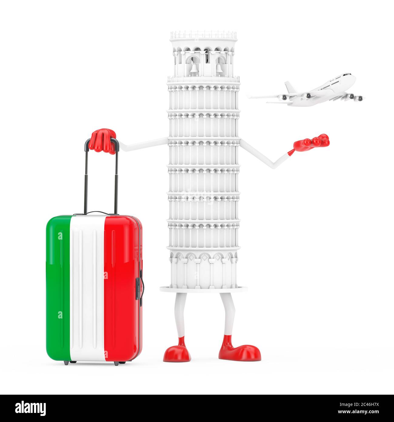 Reise nach Italien Konzept. Weißer Cartoon schiefe Pisa Tower Person mit Koffer als Italien Flagge und White Jet Passagierflugzeug auf weißem Hintergrund. Stockfoto