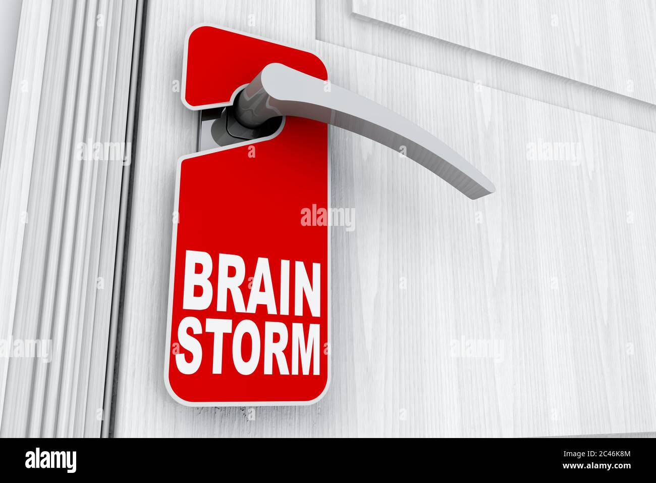 Tür mit Schild „Brain Storm“ „Bitte nicht stören“, Tag „extreme Nahaufnahme“. 3d-Rendering Stockfoto