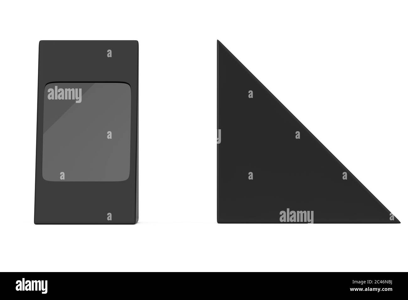 Schwarze Karton Dreiecksverpackung Pox für Lebensmittel, Geschenke oder andere Produkte mit leerem Raum für Ihr Design auf weißem Hintergrund. 3d-Rendering Stockfoto