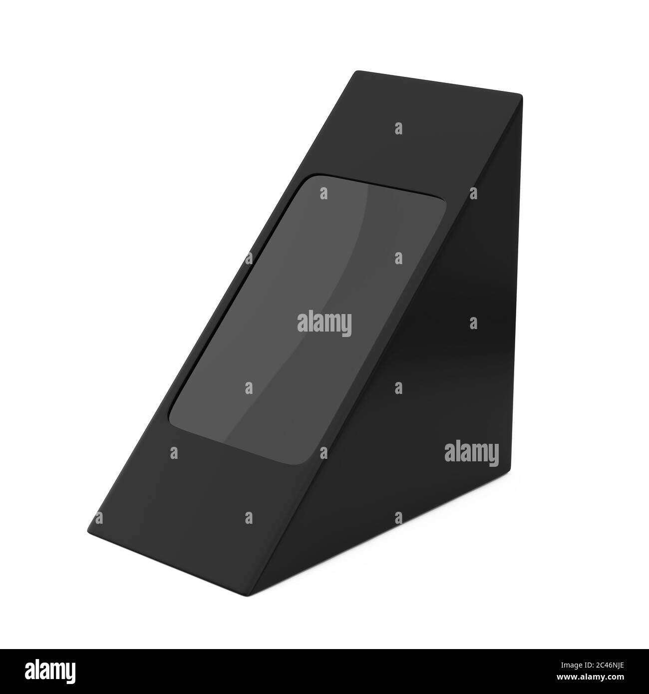 Schwarze Karton Dreiecksverpackung Pox für Lebensmittel, Geschenke oder andere Produkte mit leerem Raum für Ihr Design auf weißem Hintergrund. 3d-Rendering Stockfoto