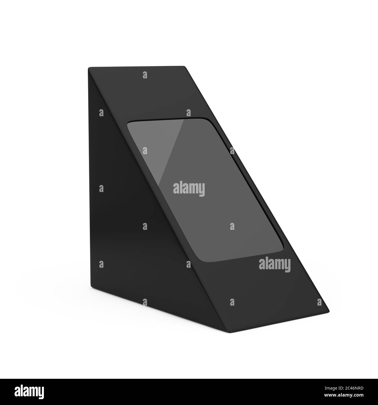 Schwarze Karton Dreiecksverpackung Pox für Lebensmittel, Geschenke oder andere Produkte mit leerem Raum für Ihr Design auf weißem Hintergrund. 3d-Rendering Stockfoto