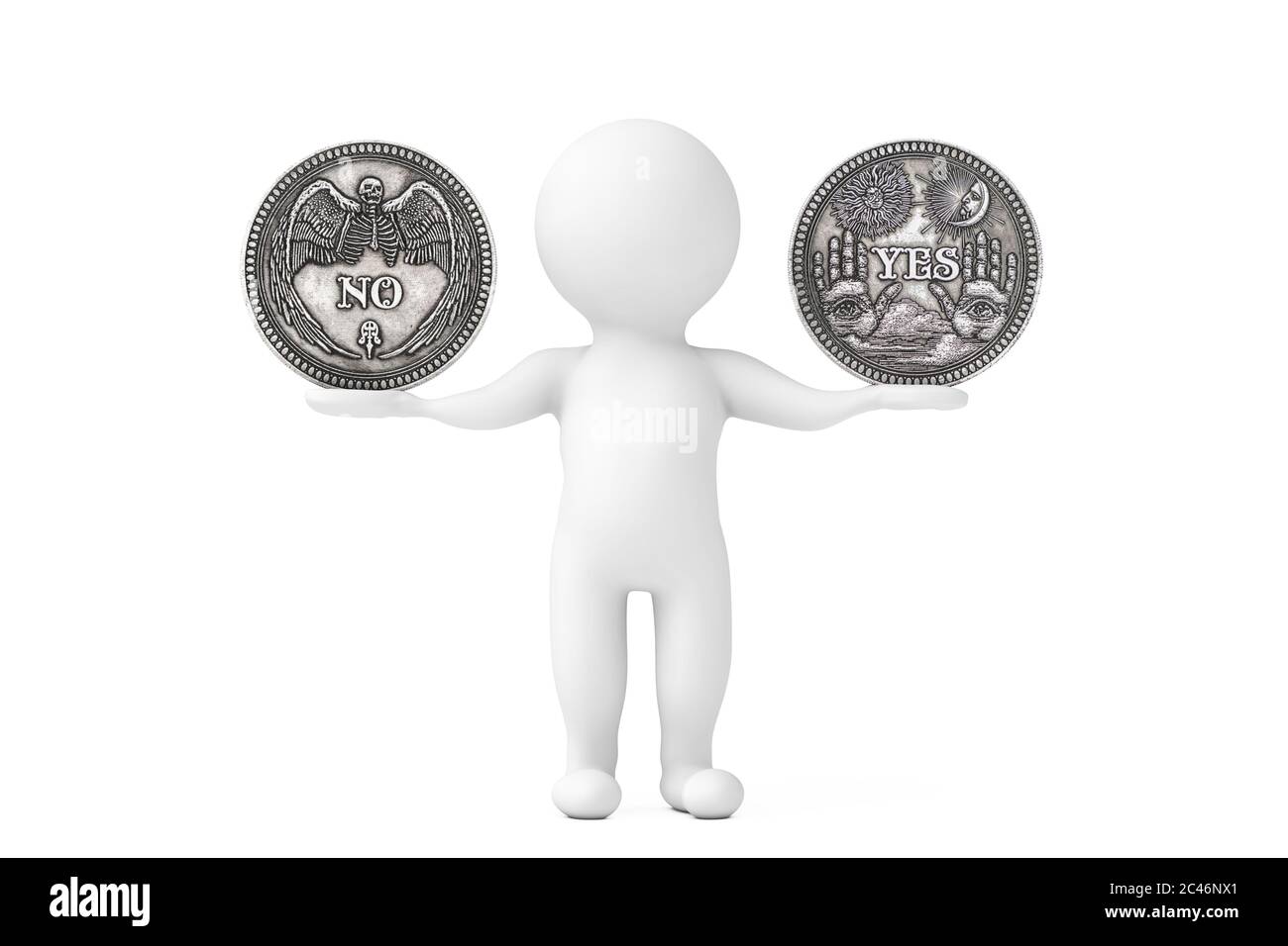 Vintage Silber Flipping Münze mit Ja und kein Wort für die richtige Wahl, Gelegenheit, Glück oder Entscheidung im Leben balancieren in 3d Person Charakter Stockfoto