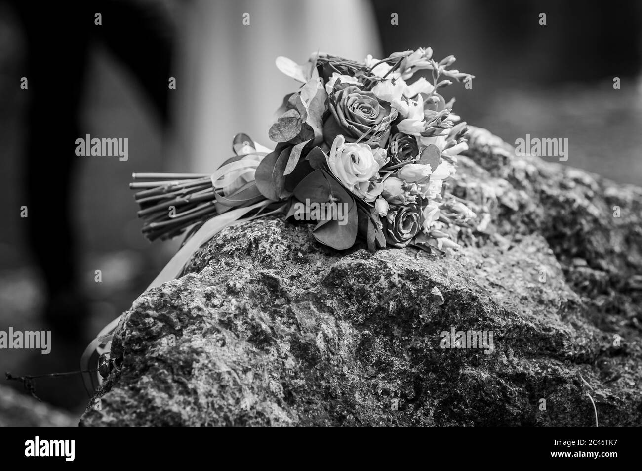 Farbenprächtig Rosenstrauß auf dem Stein schwarz und weiß Stockfoto