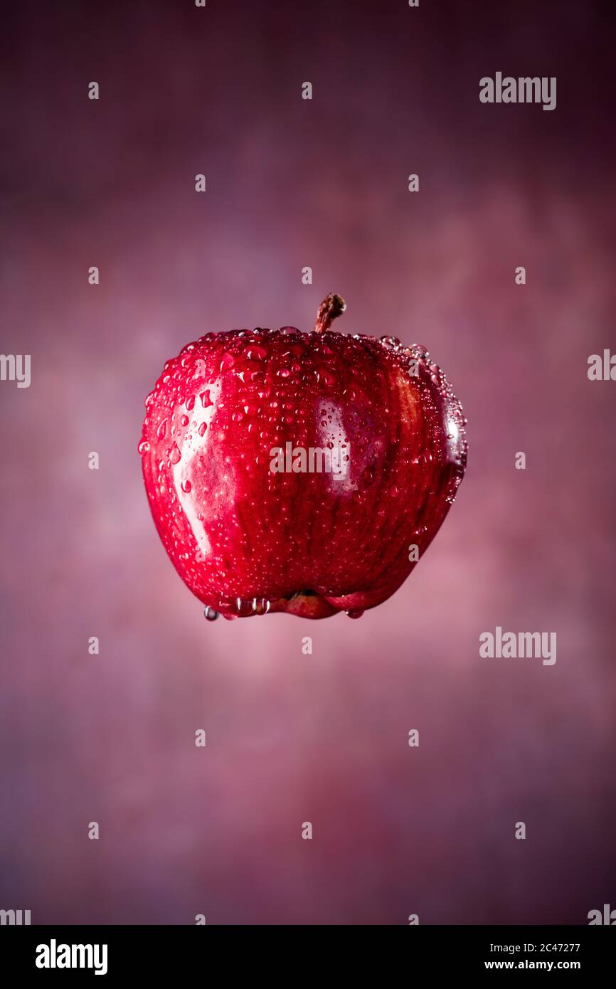 Roter Apfel hängt in der Luft Stockfoto