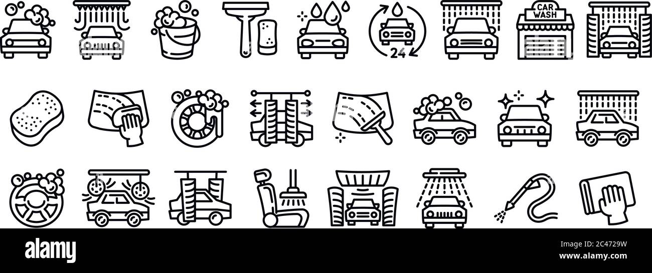 Symbole für Autowäsche gesetzt. Umriss Satz von Auto waschen Vektor-Symbole für Web-Design isoliert auf weißem Hintergrund Stock Vektor
