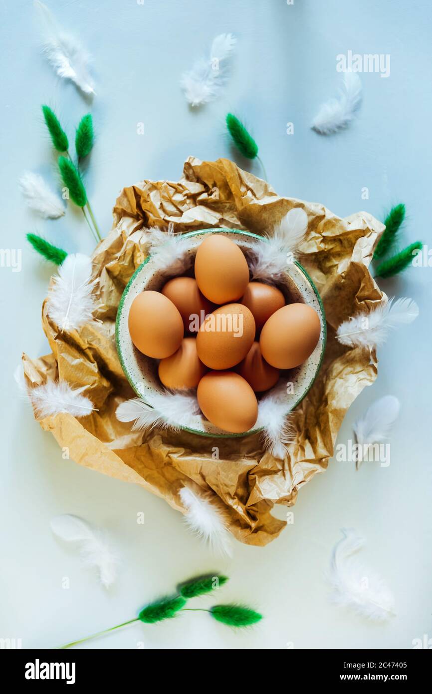 Ein flaches Foto des Osterstilllebens von einer Schale aus braunen Eiern auf zerknittertem Bastelpapier, weißen Federn und trockenen grünen Pflanzen als Dekor. Hellblaue Rückseite Stockfoto
