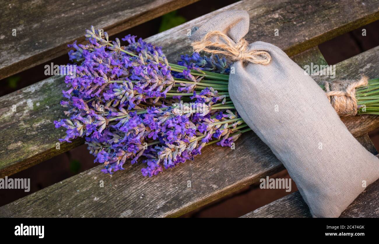 Bund von frischen Lavendelblüten und duftenden Blumen Beutel auf Holz. Stockfoto