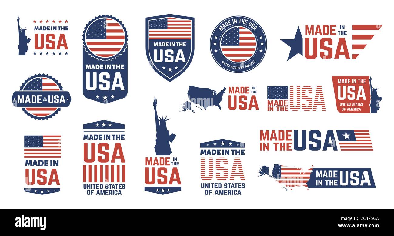 Made in USA Abzeichen. Patriot stolze Label Stempel, amerikanische Flagge und nationale Symbole, vereinigte Staaten von Amerika patriotische Embleme Icon-Set Stockfoto