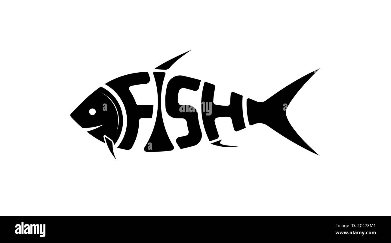 Das Logo oder Emblem des Wortes Fisch in Form von Fisch. Schwarz auf Weiß. Es schwebt nach links. Stock Vektor
