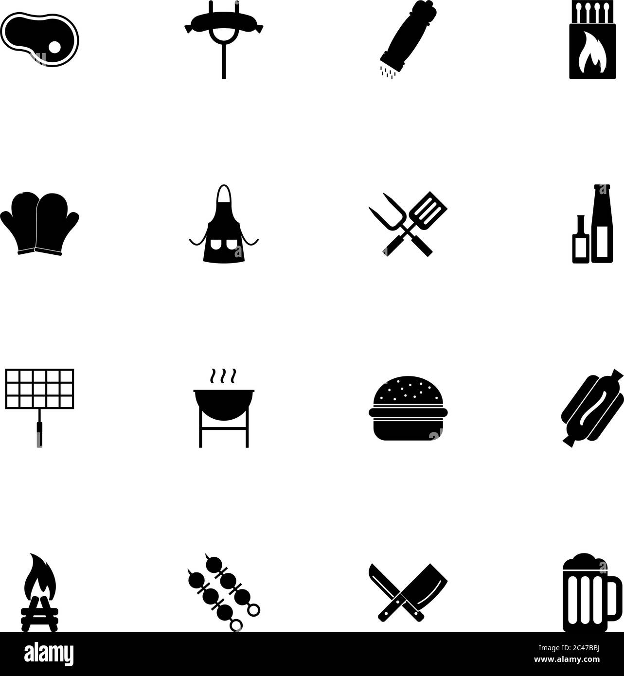 Grillsymbol - auf beliebige Größe erweitern - auf beliebige Farbe ändern. Perfect Flat Vector enthält solche Symbole wie Bier, Lagerfeuer, Hot Dog, gegrillte Wurst, Streichhölzer Stock Vektor