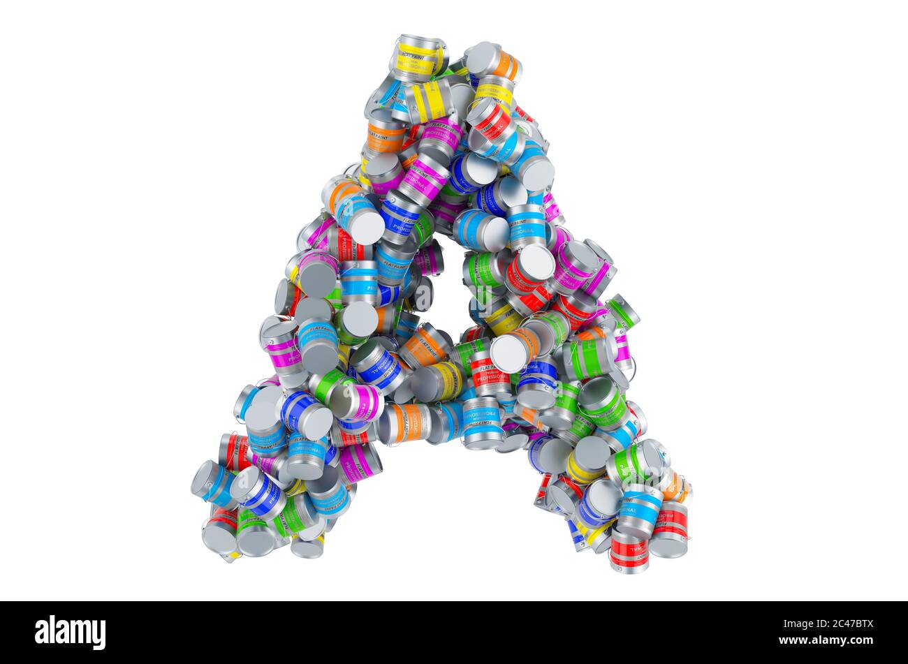 Buchstabe A aus farbigen Farbdosen, 3D-Rendering isoliert auf weißem Hintergrund Stockfoto