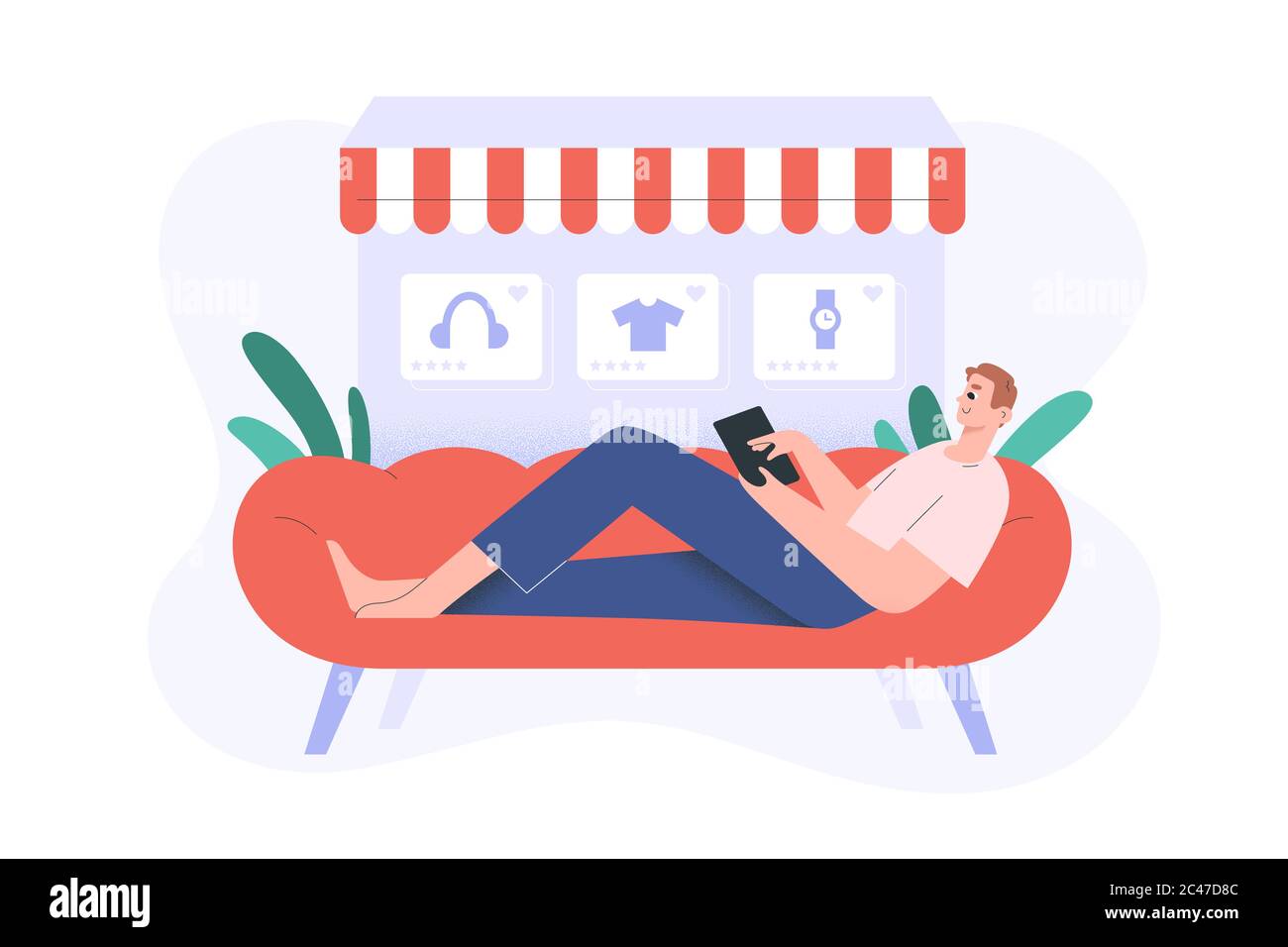 Online-Shopping, Kerl auf der Couch liegen Surfen Internet, so dass Kauf, E-Shopping, E-Commerce-Konzept, Vektor-Cartoon-Illustration. Zufriedener Kunde Stock Vektor