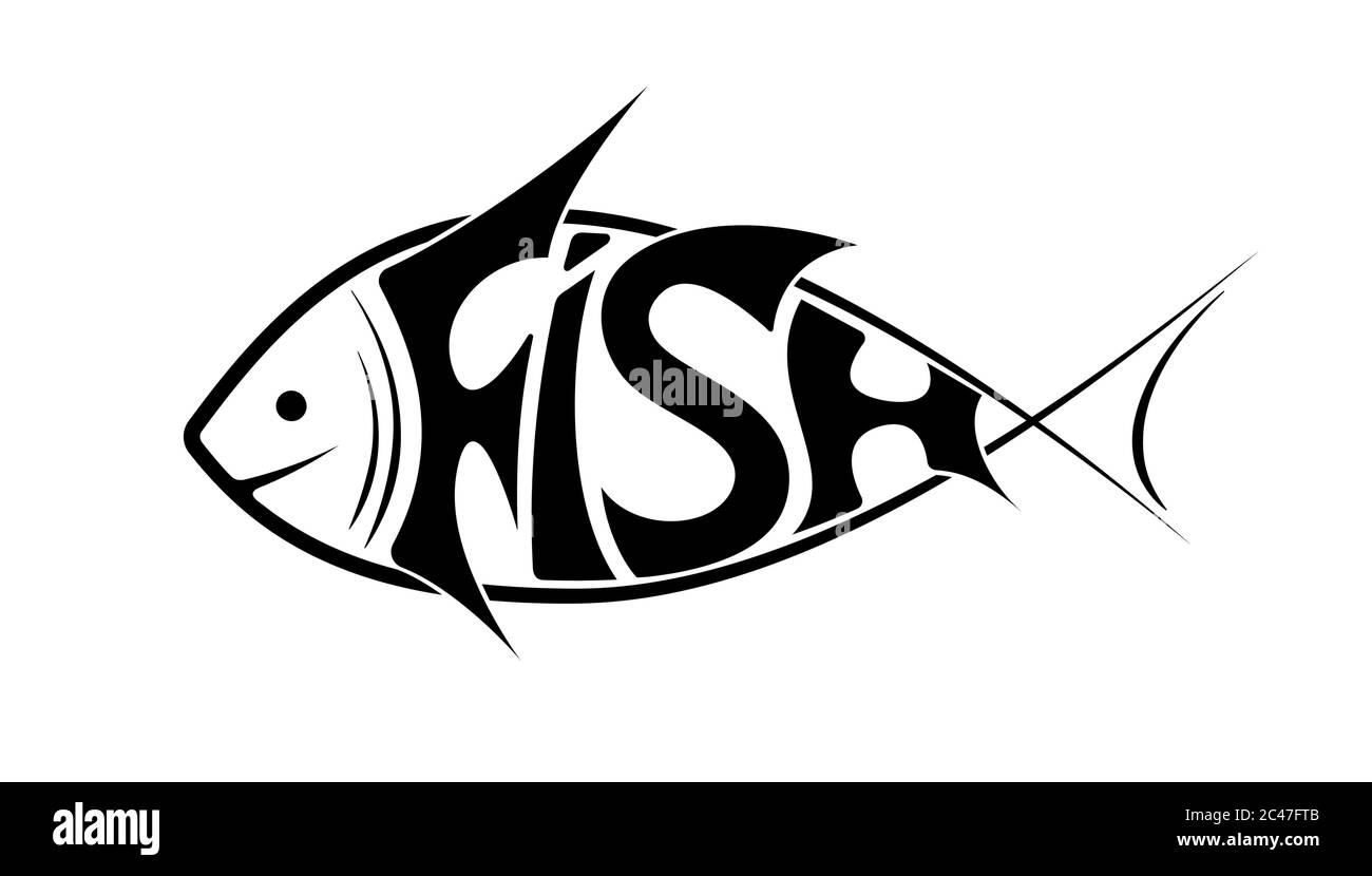 Das Logo oder Emblem des Wortes Fisch in Form von Fisch. Schwarz auf Weiß. Es schwebt nach links. Stock Vektor