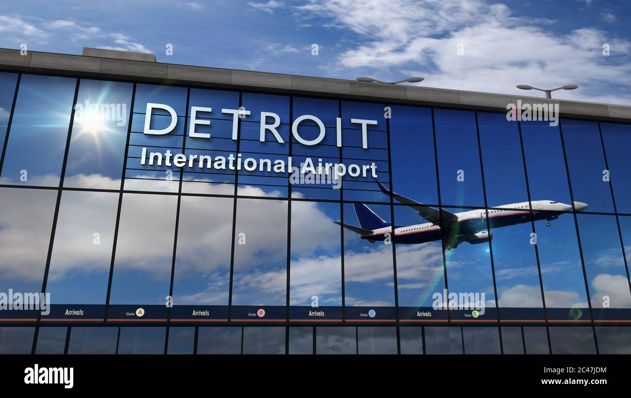 Jet-Flugzeuge landen in Detroit, Michigan, USA, Amerika  3D-Rendering-Illustration. Ankunft in der Stadt mit dem Glas Flughafen  Terminal und Reflexion Stockfotografie - Alamy