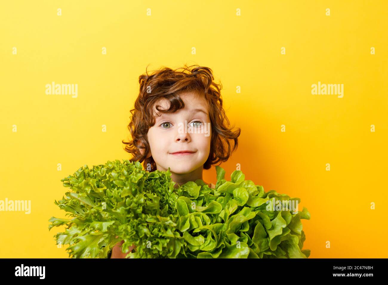 Lockiger Junge hält grüne Blätter. Konzept der Rettung des Planeten. Stockfoto