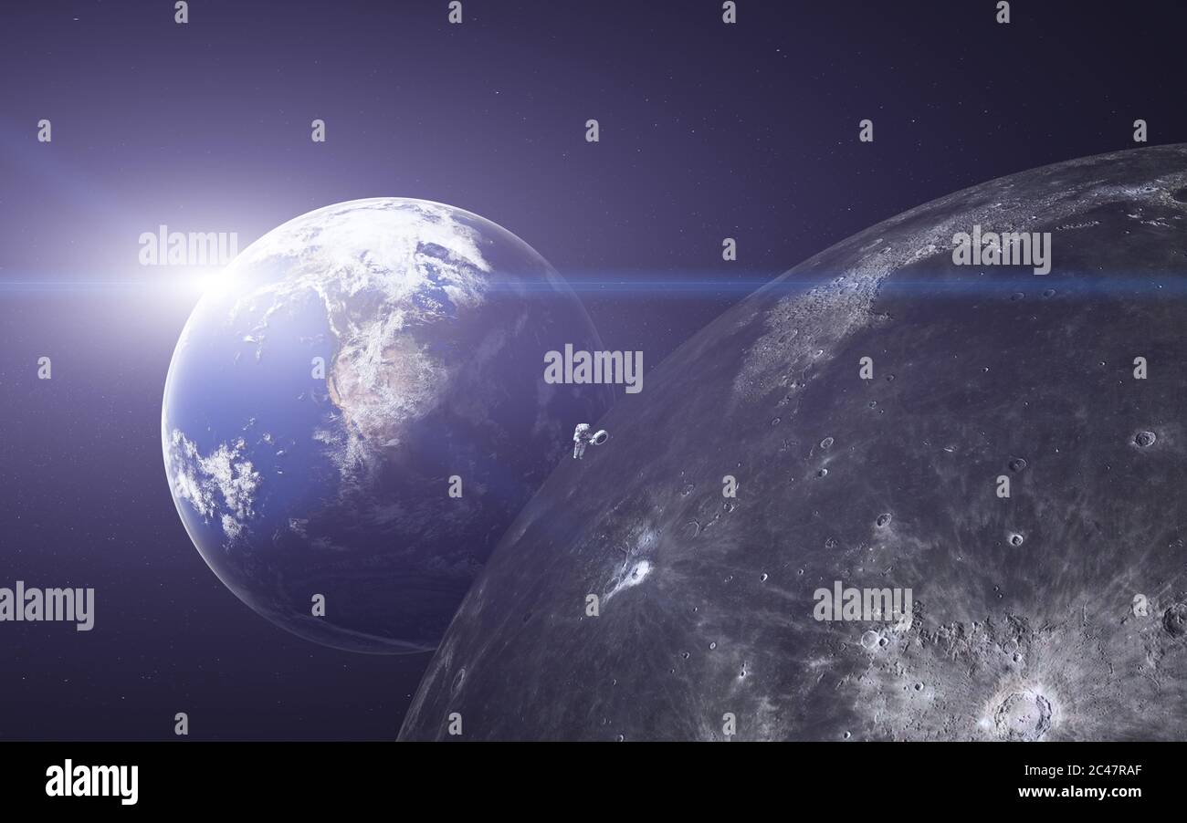 Fernes Astronaut nahe dem Mond mit Erde im Hintergrund. Science Fiction 3d-Rendering. Elemente dieses Bildes wurden von der NASA durchgemacht. Stockfoto