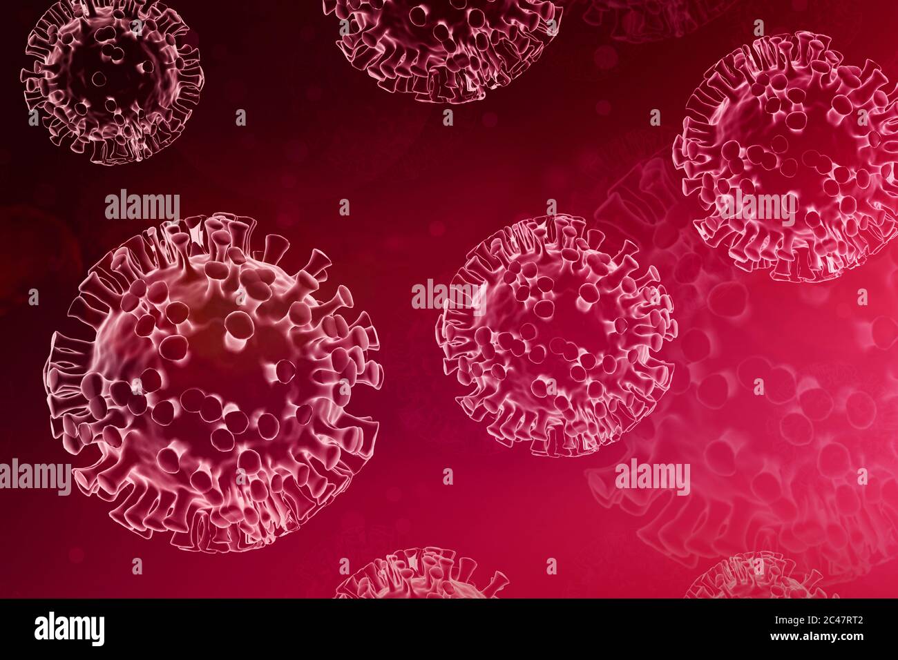 COVID-19 Viruszelle 3D gerendert. Coronavirus Covid 19 Ausbruch Influenza Hintergrund. Stockfoto
