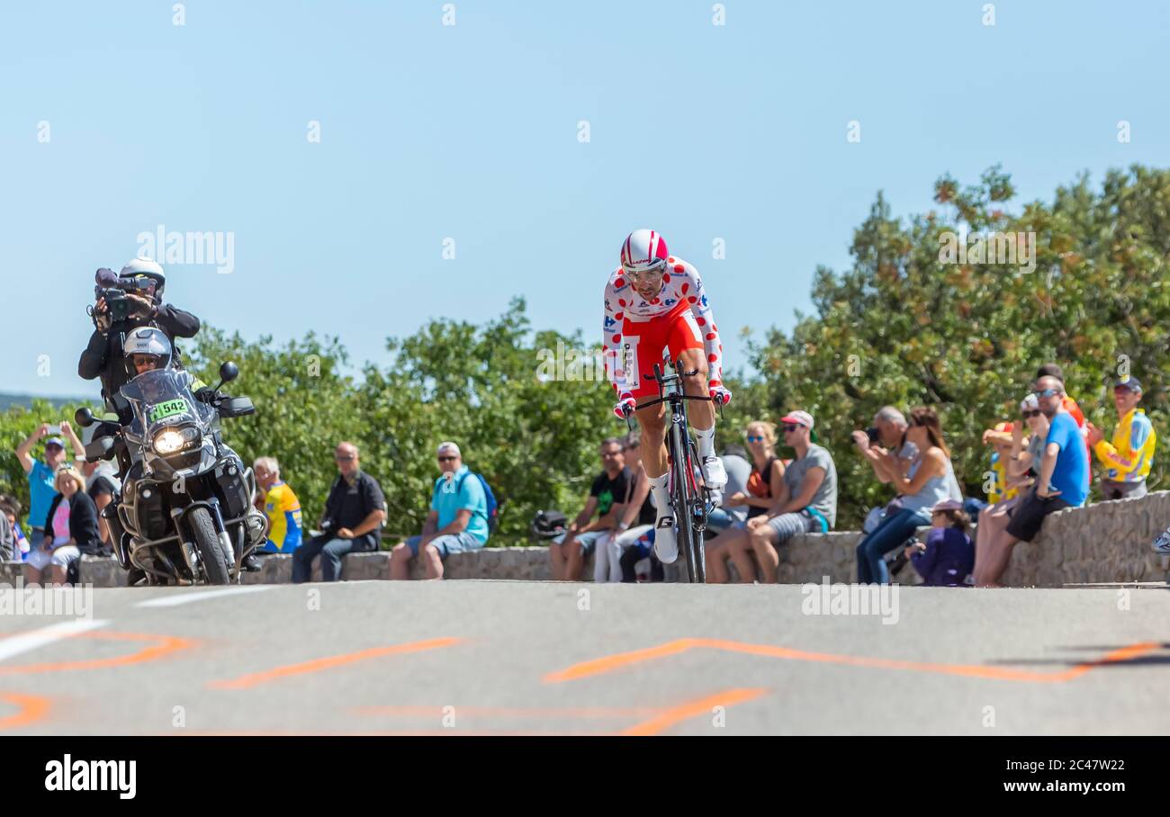 Col du Serre de Tourre, Frankreich - Juli 15,2016: Der belgische Radfahrer Thomas De Gendt vom Lotto-Soudal Team fährt während einer individuellen Zeitfahrphase in Stockfoto