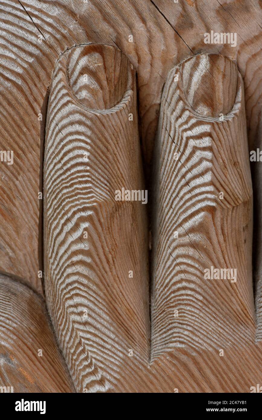 Die wachsende Ringkörnung zeigt sich an den geschnitzten Fingern einer Holzstatue Stockfoto