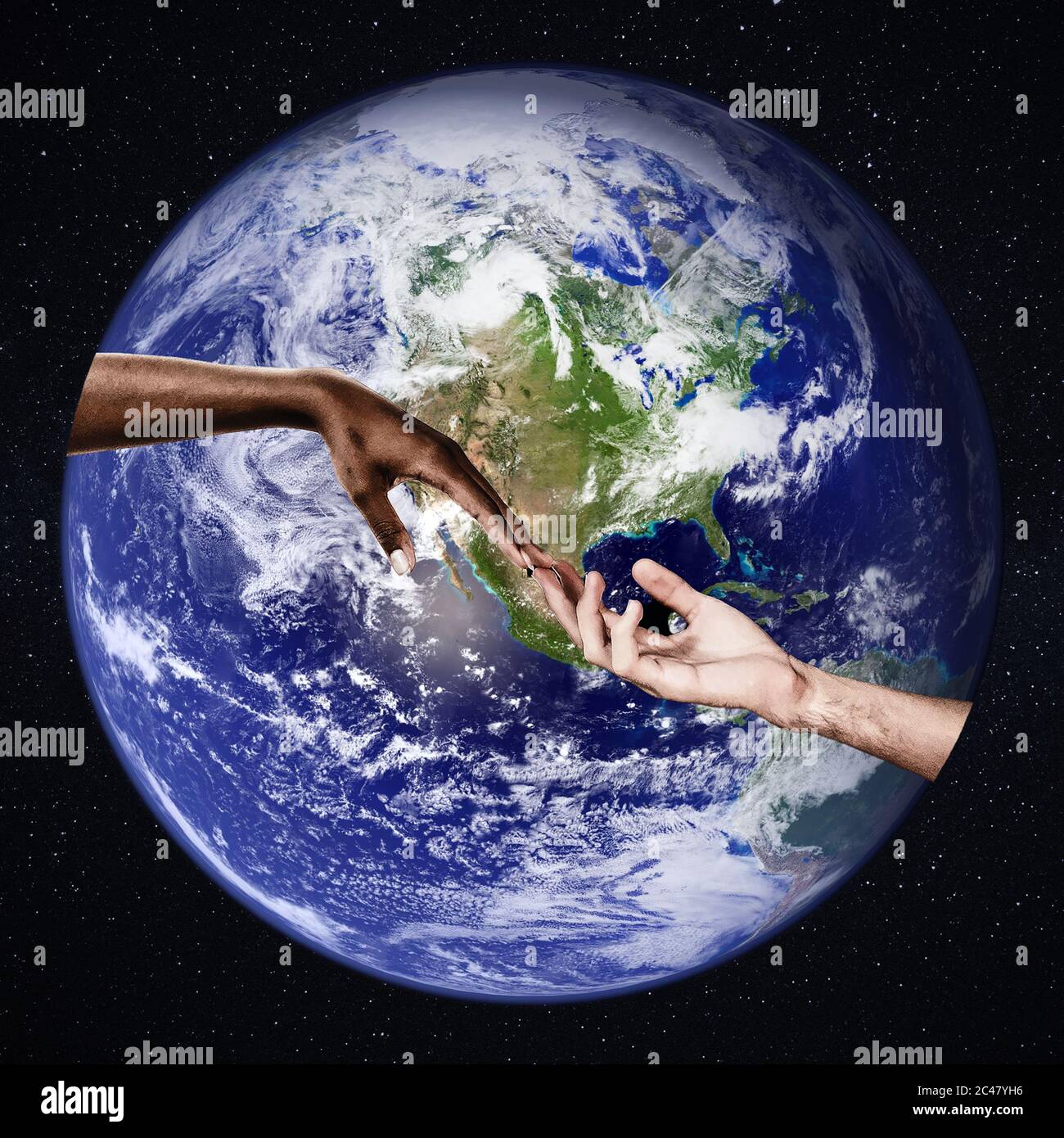 Multirassische Hände berühren einander in Toleranz Einheit Liebe und Anti-Rassismus-Konzept vor der Welt Stockfoto